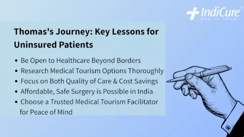 A hand holds a pen, pointing to a list titled Thomas's Journey: Key Lessons for Uninsured Patients. The list includes advice like 'Research medical tourism options', 'Focus on quality of care and cost savings', and 'Choose a trusted facilitator'.